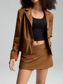 LYSMO Fashionable Vintage Casual Solid Color Suit Jacket - Brown - View 5
