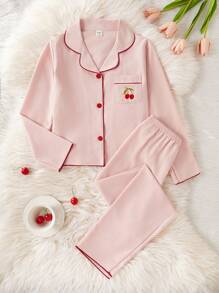 SHEIN Girls Pajamas Set - Burgundy Cherry Embroidery, Comfortable & Loose Long Pants And Long Sleeve, 2Pcs