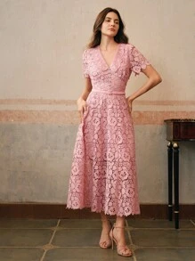 Anewsta Đầm midi bó sát cổ chữ V, eo thắt thanh lịch cho nữ có ren tan trong nước - Hồng - Xem 3