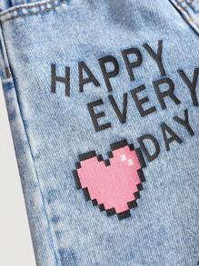 SHEIN Pantalon large et lâche en jean bleu avec motif de cœur et visage souriant pour jeune fille Y2K, pantalon décontracté de printemps et d'été pour filles, tenue de vacances