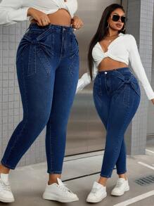 Slaydiva Plus Size Women Stretchy Blue Denim Skinny Pants With Stylish Bow Decor On Sides - Blue - View 1