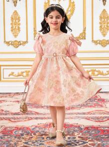 SHEIN Vestido ajustado con cuello redondo y tejido jacquard para niña joven - Rosa - Ver 3