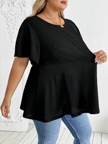 SHEIN CURVE+ Plus Size Women A-Line Short Sleeve Black T-Shirt Top, Versatile Casual Holiday