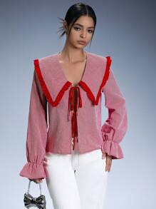 Aveloria Affinna Retro Campus Style Red Plaid Contrast Ruffle Collar Tie Front Long Sleeve Shirt For Women, Spring/Summer - Red and White - View 3