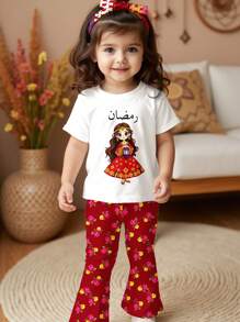 SHEIN 可爱斋月月亮和花朵印花女婴休闲简约短袖圆领 T 恤 + 喇叭裤套装，适合春夏季 - 彩色 - 查看 5