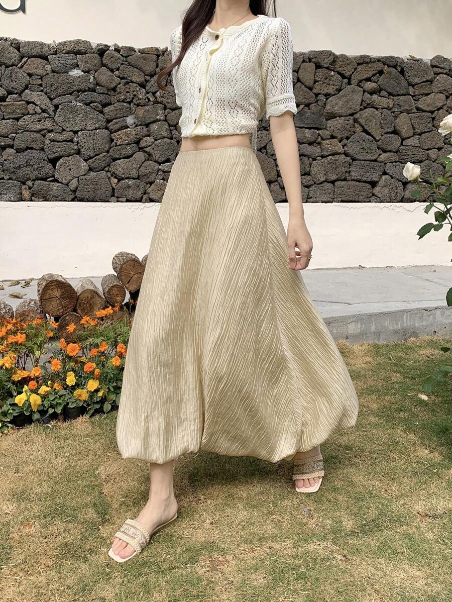 DAZY 女士高腰宽松纯色长款泡泡裙 - 卡其色 - 查看 1