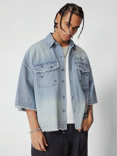 Street Life بيجاكيت جينز مزين بالخطوط والنجوم للرجال بديزاين متهالك