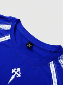 PAVTROS Manfinity Streetrush 男士撞色印花圆领短袖T恤，Y2K风格，万圣节派对，街头服饰 - 寶藍色 - 查看 5