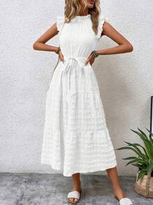 SHEIN LUNE 女士纯色领前系带休闲优雅连衣裙，休闲款 - 白色 - 查看 4