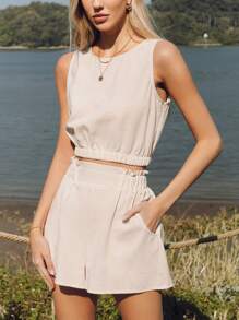 SHEIN LUNE Conjunto de camisa sin mangas con bajo ajustable con cordón y bolsillo fruncido en la cintura, shorts acampanados, hecho de mezcla de lino
