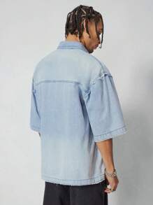 ROMWE MEN Street Life Men's Washed Loose Short Cut Denim Shirt - Multicolor - View 5