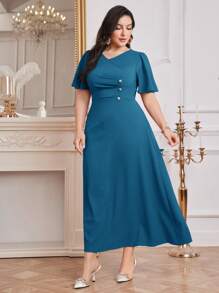 Modelyn 勃艮第红色女士纯色简约日常大码连衣裙，优雅晚会长裙 - 水鴨藍 - 查看 8