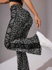 SHEIN Sports Leopard Print Patchwork Flocked & Mesh Flare Leg Yoga Pants - Grey - View 1