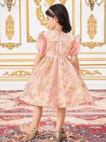 SHEIN Vestido ajustado con cuello redondo y tejido jacquard para niña joven - Rosa - Ver 2