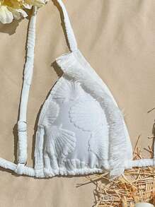 SHEIN Swim Summer 1pc Women Textured Solid Halter Triangle Tassel Top Swimwear Separates - White - View 4