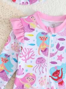 Baby Girl Cartoon Mermaid Print Ruffle Edge Long Sleeve Cute Beach One-Piece Swimsuit