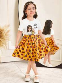 SHEIN Lässiges Zweiteiler Set für Kleine Mädchen - T-Shirt mit rundem Ausschnitt und Cartoon Mädchen Motiv, Kurzarm + Rock mit Rüschensaum und Rosen Blumen Muster, Frühling/Sommer - Gelb - Übersicht 4