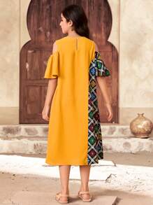 SHEIN Tween Girl Casual Resort Colorful Floral Patchwork Open Shoulder Short Sleeve Loose Maxi Woven Dress