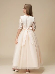 女童新款花卉印花花童裙，高端奢华小品牌公主裙，儿童舞台表演钢琴演奏裙 - 香檳色 - 查看 2