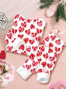 SHEIN Leap Crew 年轻女孩可爱手绘心形印花，粉色和红色，休闲简约柔软舒适长袖裤紧身睡衣家居服套装，春夏，情人节衣服 - 彩色 - 查看 2