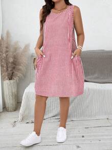 EMERY ROSE Plus Size Vertical Striped Sleeveless Dress With Pockets