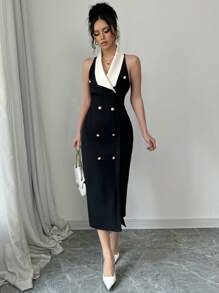 Elenzga Elegant Office Commute Party Cocktail Dress With Color-Blocking - Black - View 6