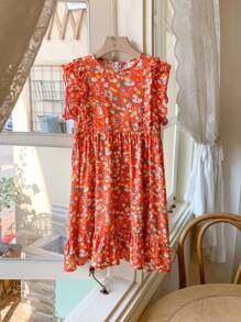 SHEIN Vestido Solto de Gola Redonda com Floral Miúdo Elegante Francês para Meninas, Primavera/Verão - Multicolorido - Visão 1