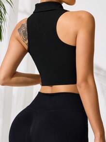 Easithlete Women Plain Zipper Placket Cropped Sports Polo Shirt - Black - View 2