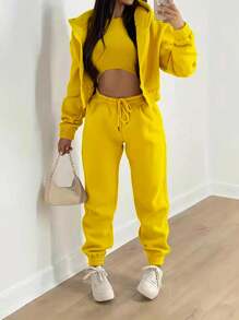 SHEIN Essnce Conjunto de mujer con chaqueta con capucha con cremallera lisa, top de tirantes y pantalones tipo harén - Amarillo - Ver 1
