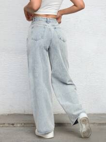 女式纽扣前口袋简约设计休闲牛仔裤 - 淺色水洗藍 - 查看 2