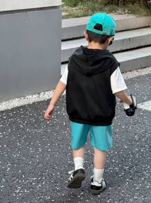 SHEIN 3pcs Young Boy Casual Korean Style Letter Graphic Print Hoodie Vest, Patch Decor Shorts, Solid Crew Neck Short Sleeve T-Shirt Knit 3-Piece Set, Suitable For School, Garden, Beach, Birthday, Spring, Summer, Autumn, Winter