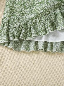 SHEIN 2 件装少女纯色吊带背心和不对称花卉蕾丝下摆裙子套装 - 綠色 - 查看 6