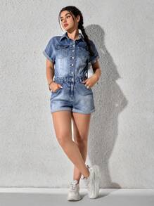 SHEIN EZwear Women's Simple & Fashionable Casual Denim Jumpsuit With Adjustable Suspenders - Medium Wash - View 3