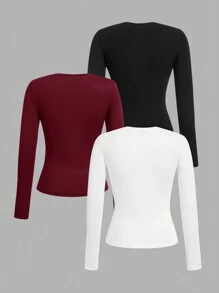 SHEIN EZwear Set de 3 camisetas de manga larga de cuello redondo, ajustadas y casuales, para mujer de talla grande, adecuadas para otoño/invierno