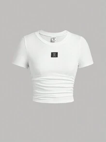 SHEIN Girlism 少女纯色褶皱短袖 T 恤和褶皱腰工装裤 2 件套