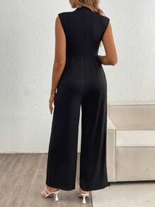 SHEIN Maternity Stand Collar Cap Sleeve Solid Color Knit Jumpsuit Straight Leg