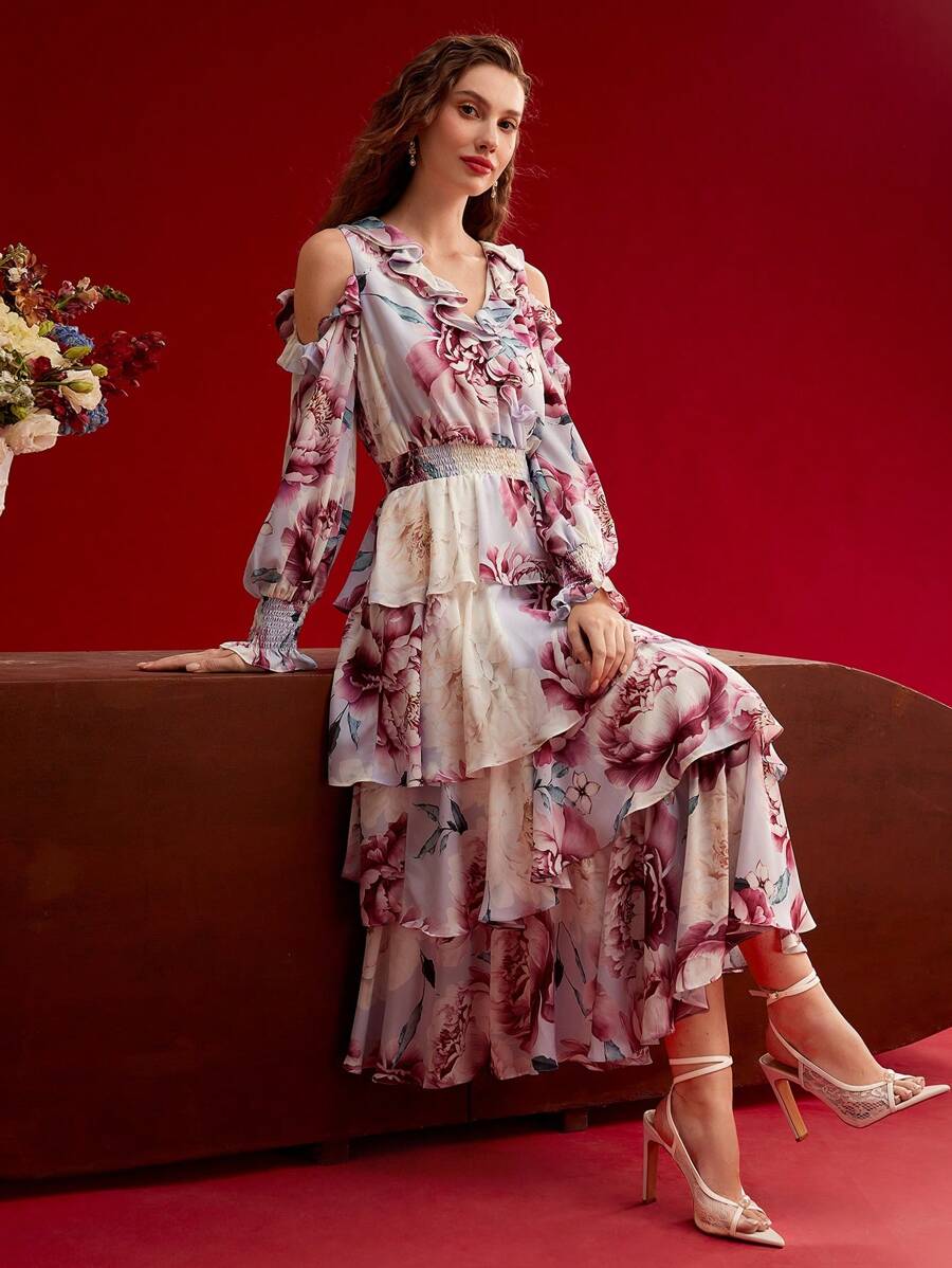 MOTF PREMIUM FLORAL PRINT RUFFLE LAYERED HEM DRESS,SPRING/SUMMER