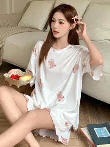 DAZY Women Cute Cartoon Pattern Allover Print Short Sleeve Shorts Pajamas Set