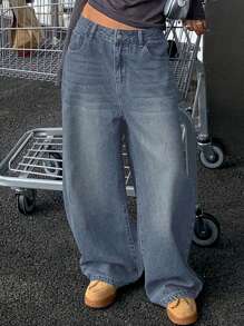 DAZY 复古宽松街头风格洗水漂白阔腿女士宽松牛仔裤 - 中等水洗藍 - 查看 5