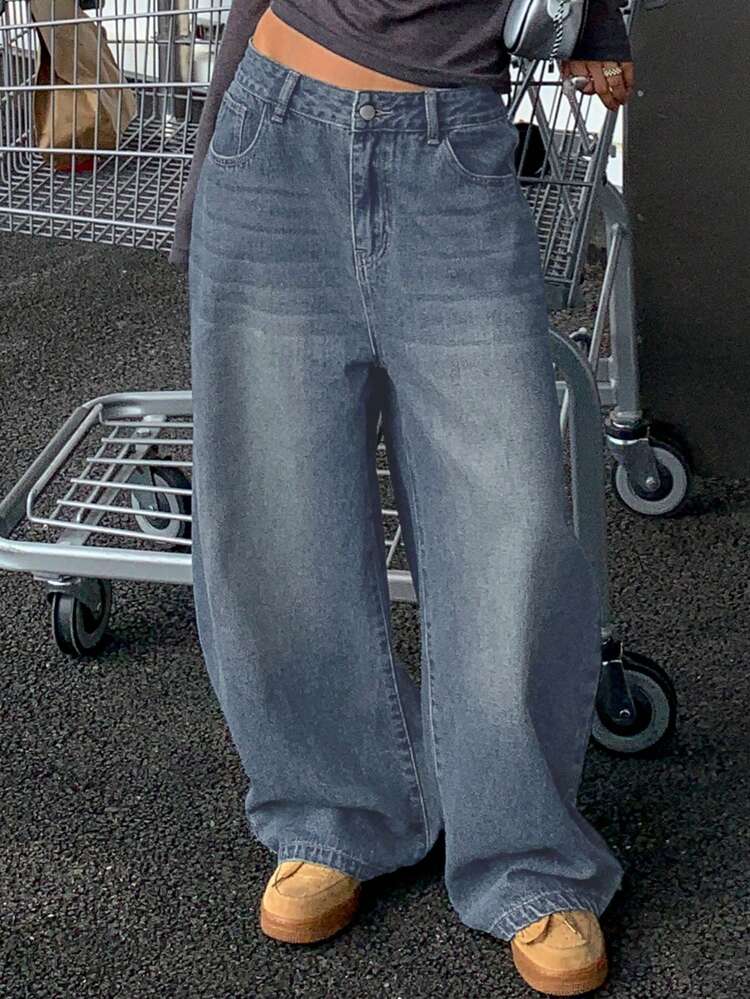 Retro Loose Street-Style Washed Bleached Wide-Leg Women Baggy Jeans