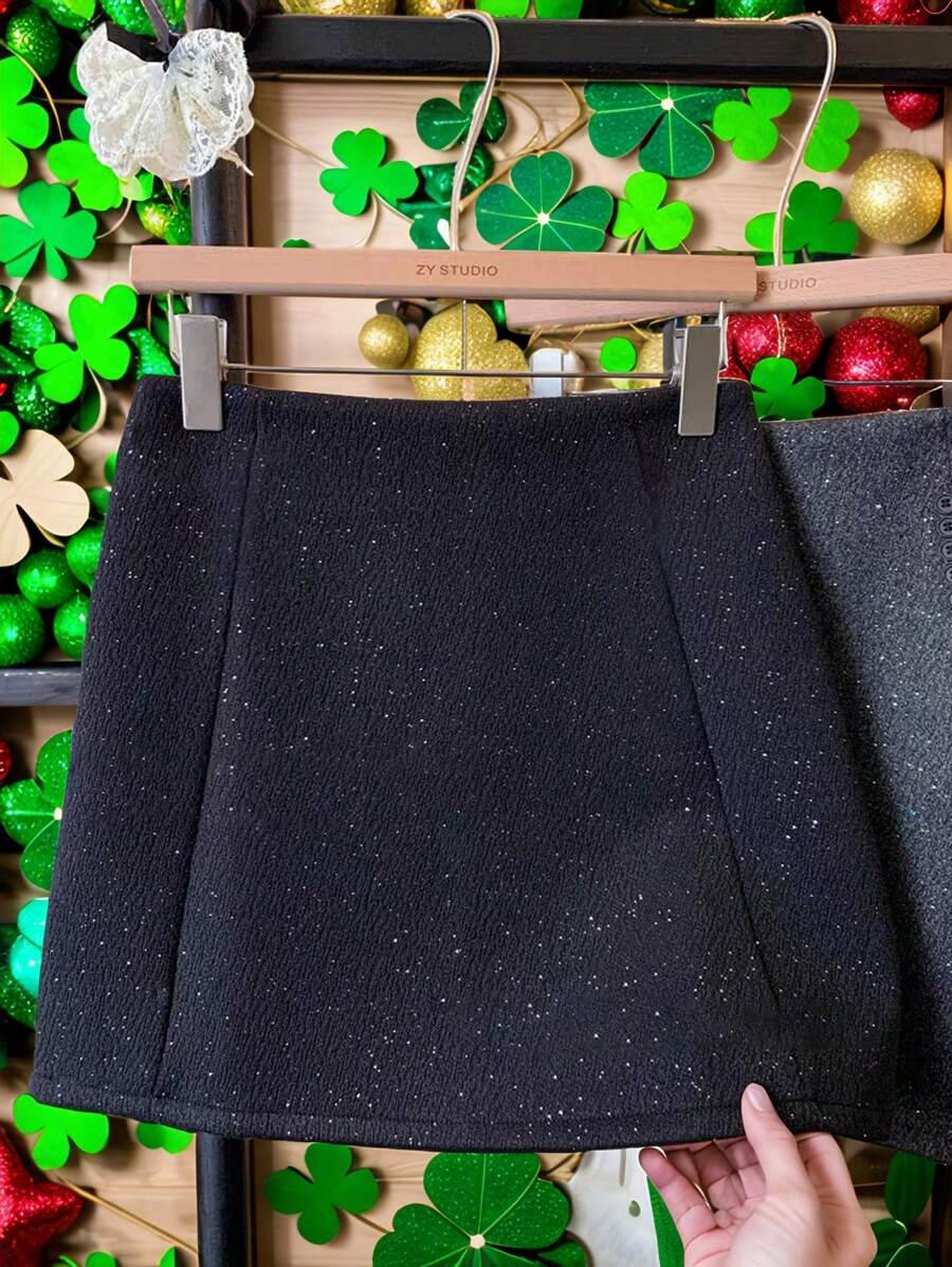 Plus Size Sparkling Sequin Knit Elastic Waist A-Line Black Mini Skirt - Multicolor - View 1