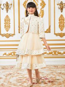 SHEIN مجموعة بنطلون وسترة قصيرة بكم 3/4 من السرج المخمل للفتيات المراهقات، جاكيت واقية بزر ماس بياقة طاقم أنيقة، وفستان شبكي بطبقات