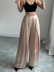 Chiquease 女士优雅法式宽松裤，休闲金属色，柔软百搭百褶裤，适合狂欢节、复活节、情人节、约会、夏季 - 金色 - 查看 4