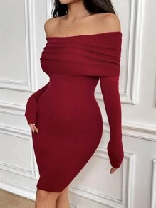 Chiquease Valentine's Day Off The Shoulder Elegant Knit Sweater Dress For Women Fall Cloth For Women - Red - View 6