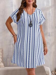 EMERY ROSE Váy kẻ sọc mùa hè rộng rãi cho nữ cỡ lớn, đơn giản và thời trang để mặc hàng ngày - Màu xanh lam - Xem 4