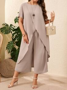 EMERY ROSE 大码女式纯色短袖不对称衬衫和裤子两件套，适合夏季度假装 - 卡其色 - 查看 2