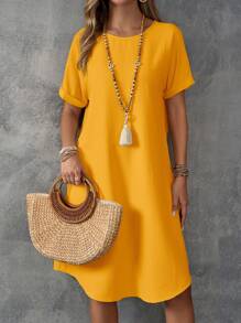 EMERY ROSE 女士纯色短袖连衣裙，简约时尚休闲日常穿着 - 黃色 - 查看 4