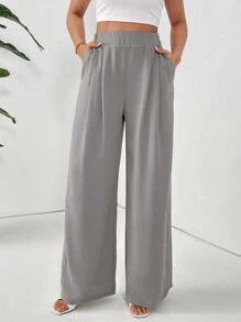 SHEIN Essnce 女士纯色口袋简约褶裥直筒裤，休闲日常穿着，夏季娇小款女裤，夏季休闲裤 - 灰色 - 查看 4