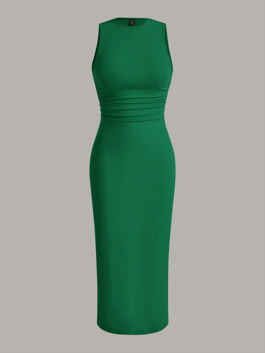 SHEIN EZwear 女士圆领褶皱针织紧身迷你连衣裙，绿色 - 綠色 - 查看 1