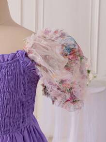 SHEIN 少女假期甜美泡泡袖女童套头衫 - 淡紫色 - 查看 8